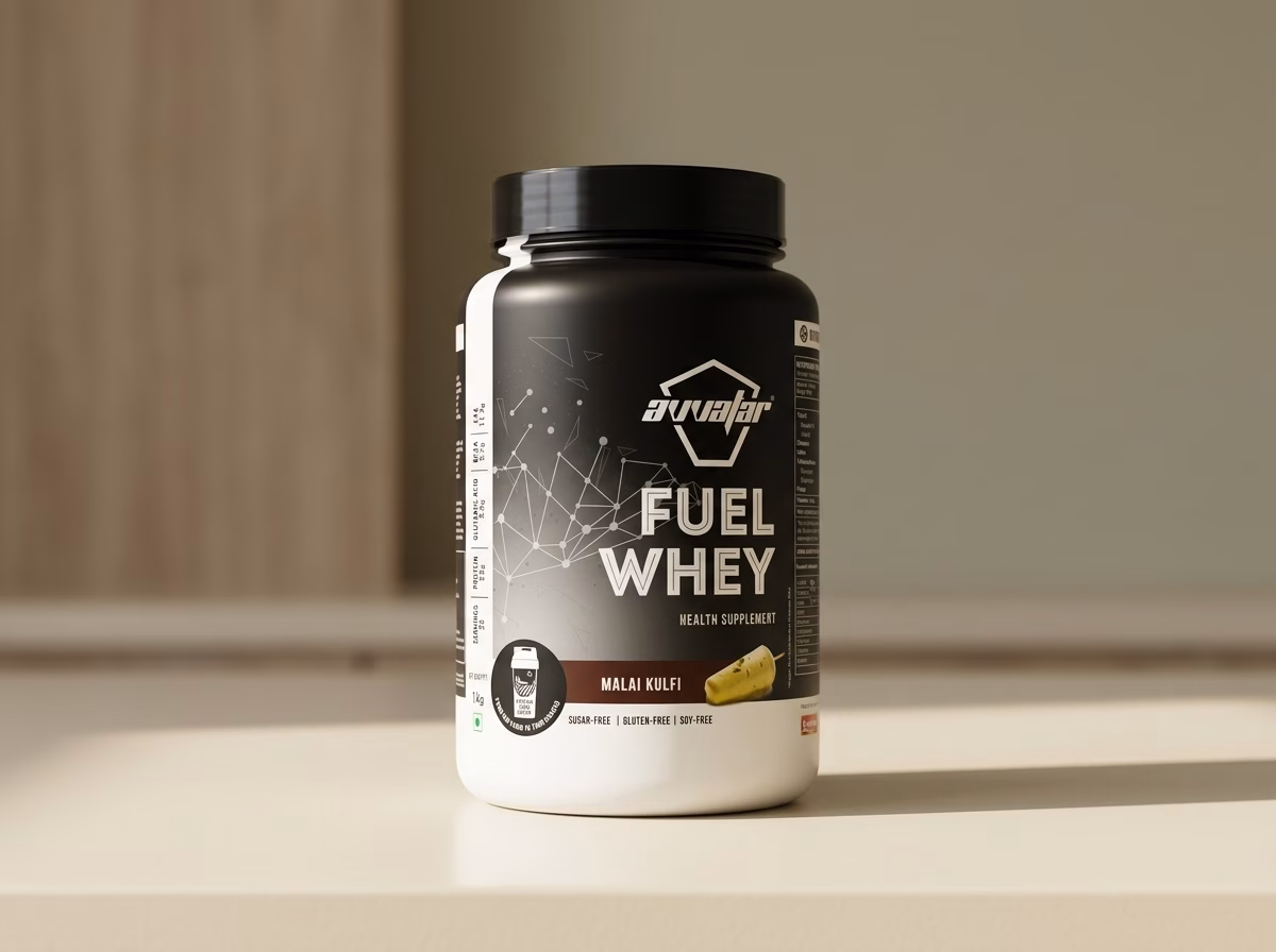 Avvatar Fuel Whey tub on a kitchen counter