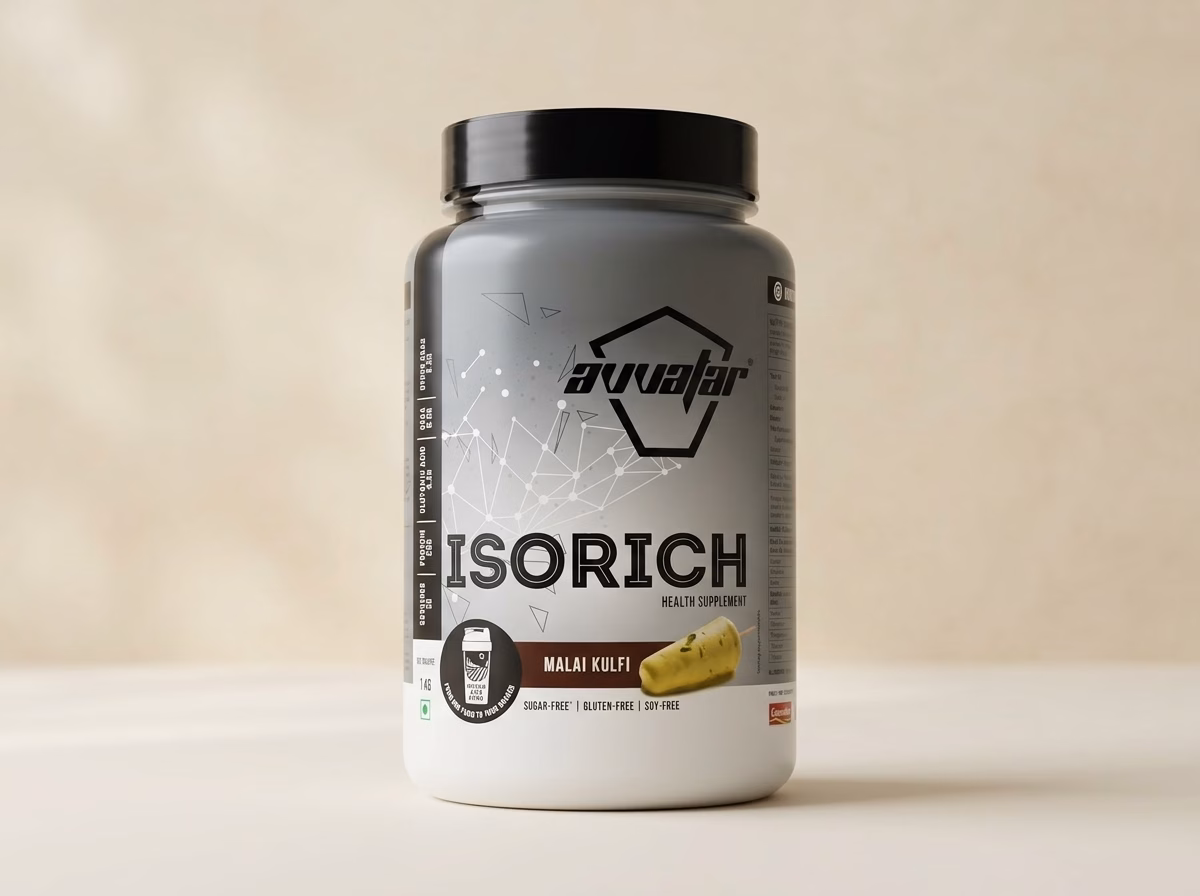 Avvatar Isorich whey protein isolate, 1 kg Malai Kulfi tub, reviewed in Naatural.in's guide to the best whey protein in India