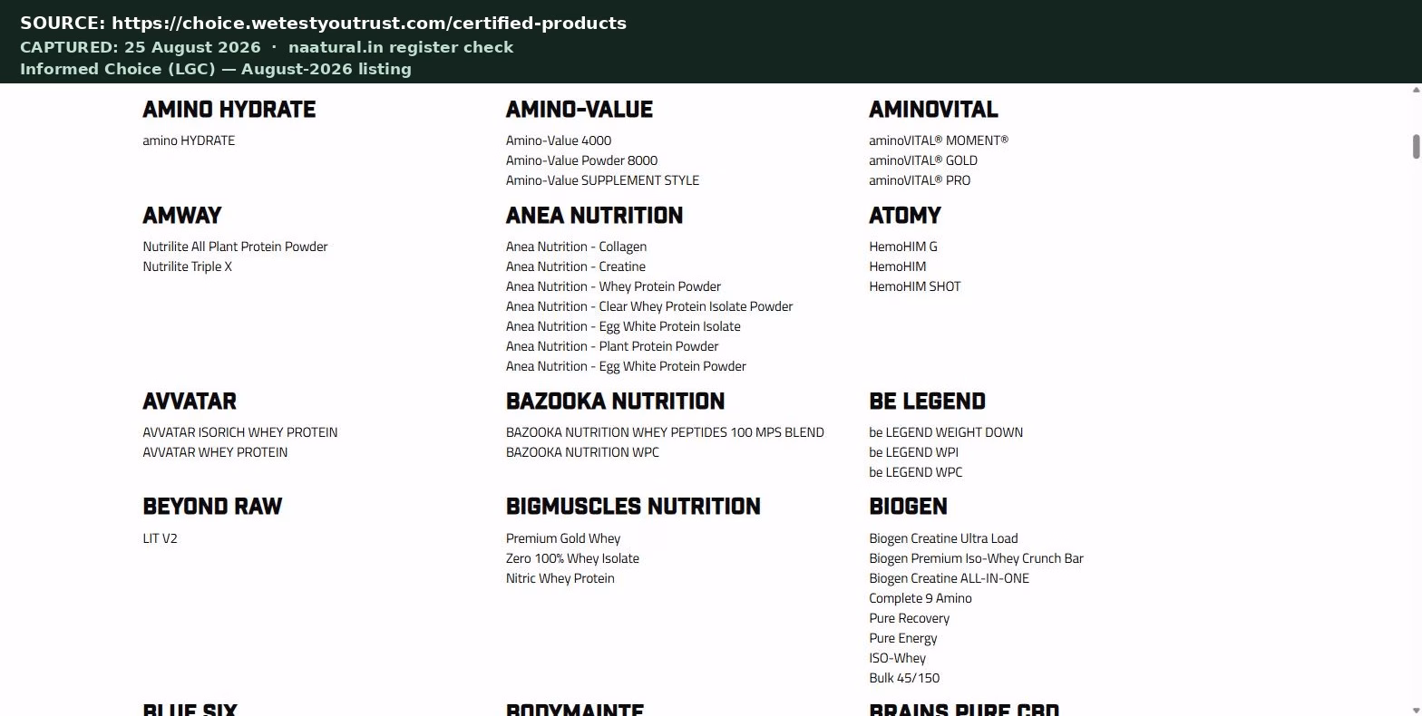 Informed Choice register entry confirming Avvatar Isorich whey protein is listed by name