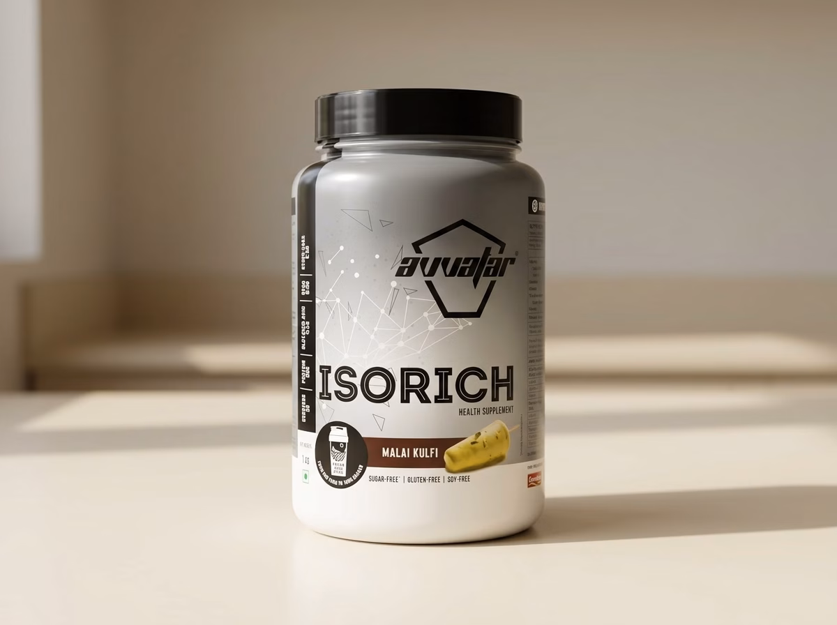 Avvatar Isorich Whey Isolate, 1 kg tub on a kitchen counter