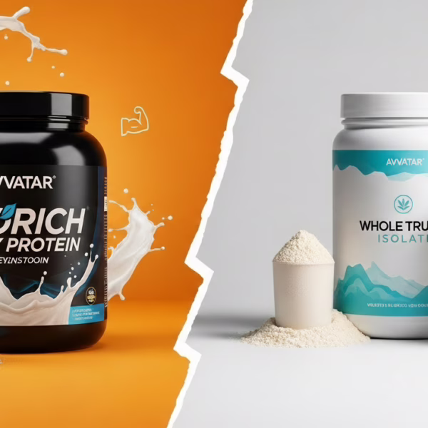 A split-screen featured image comparing a black tub of Avvatar Isorich Whey Protein with a milk splash on an orange background, and a white tub of The Whole Truth Isolate with a scoop of powder and a protein shake on a white background.