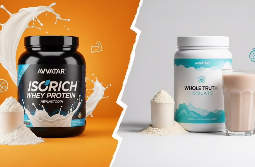 A split-screen featured image comparing a black tub of Avvatar Isorich Whey Protein with a milk splash on an orange background, and a white tub of The Whole Truth Isolate with a scoop of powder and a protein shake on a white background.