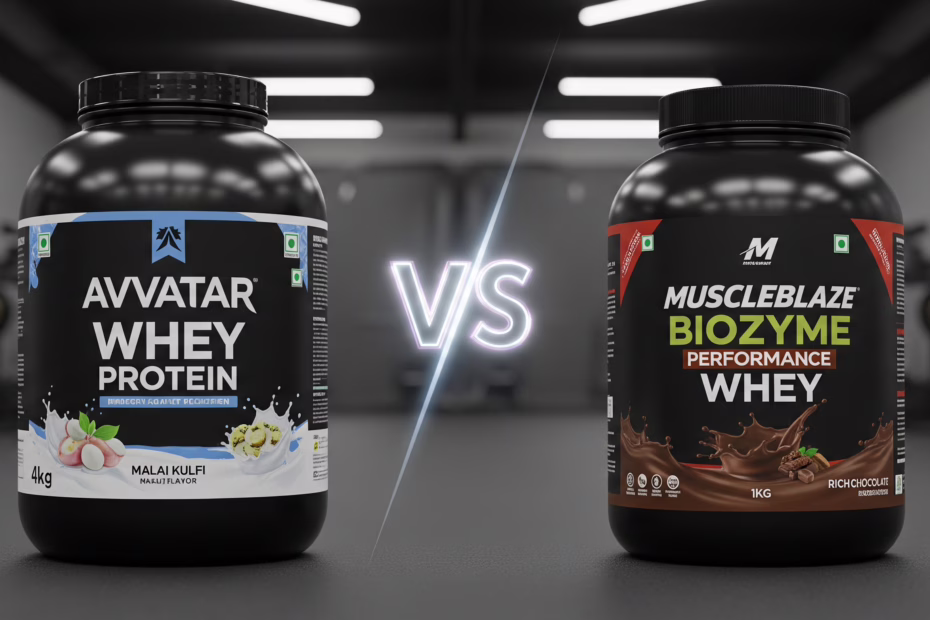 Comparison of Avvatar Whey Protein 4kg Malai Kulfi and MuscleBlaze Biozyme Performance Whey 1kg Rich Chocolate tubs in a gym setting.