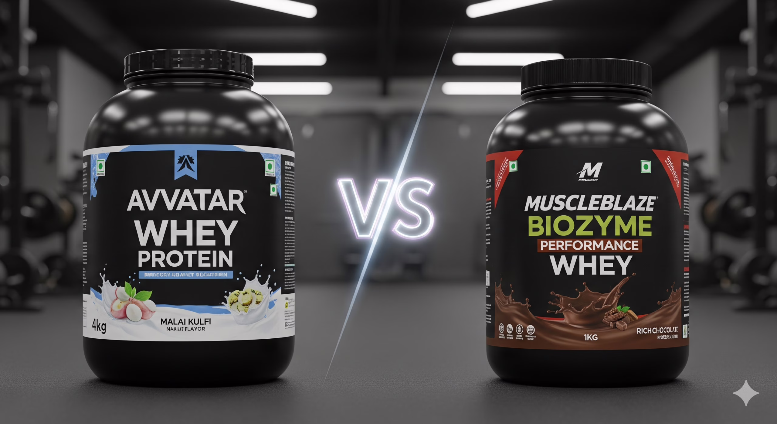 Comparison of Avvatar Whey Protein 4kg Malai Kulfi and MuscleBlaze Biozyme Performance Whey 1kg Rich Chocolate tubs in a gym setting.