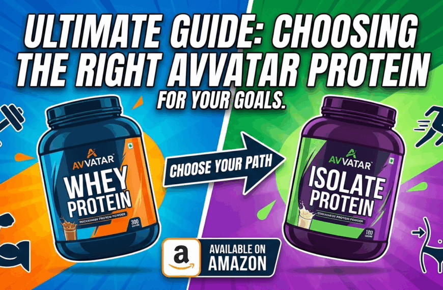 Comparison graphic of Avvatar Whey Protein and Avvatar Isolate Protein tubs with fitness icons and Amazon logo for a supplement guide.