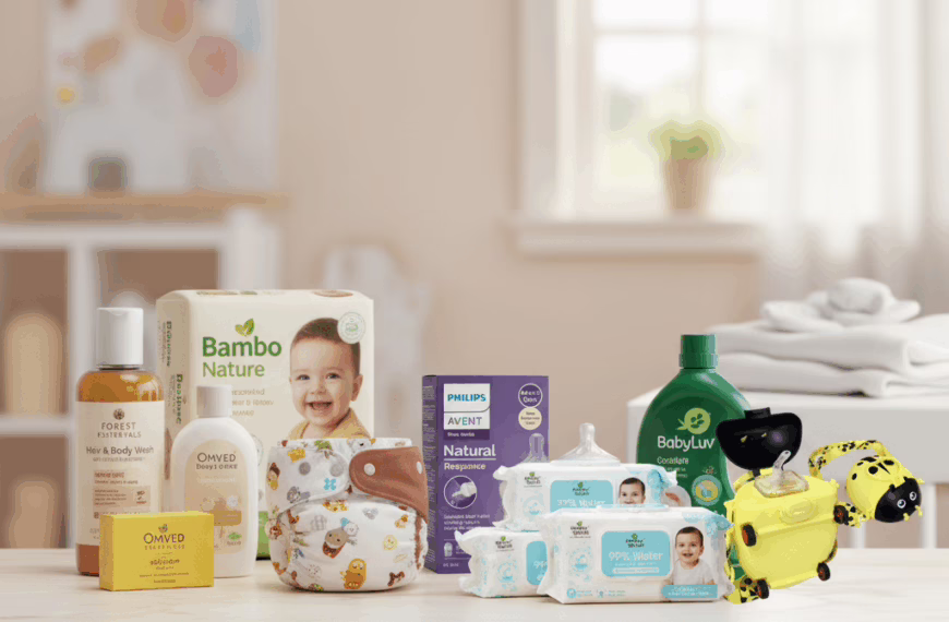 Assortment of best natural baby products for safe parenting, including Forest Essentials Hair & Body Wash, Omved Ayurvedic Soap, SuperBottoms cloth diaper, Bambo Nature diapers, Mother Sparsh wipes & lotion, Herbal Strategi detergent, Philips Avent bottle, and R for Rabbit sipper.