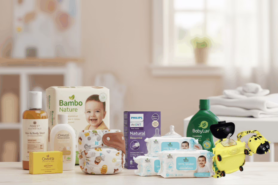 Assortment of best natural baby products for safe parenting, including Forest Essentials Hair & Body Wash, Omved Ayurvedic Soap, SuperBottoms cloth diaper, Bambo Nature diapers, Mother Sparsh wipes & lotion, Herbal Strategi detergent, Philips Avent bottle, and R for Rabbit sipper.