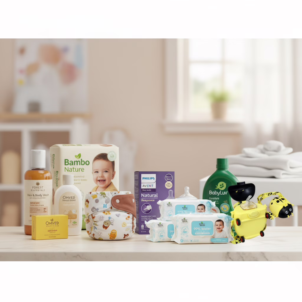 Assortment of best natural baby products for safe parenting, including Forest Essentials Hair & Body Wash, Omved Ayurvedic Soap, SuperBottoms cloth diaper, Bambo Nature diapers, Mother Sparsh wipes & lotion, Herbal Strategi detergent, Philips Avent bottle, and R for Rabbit sipper.