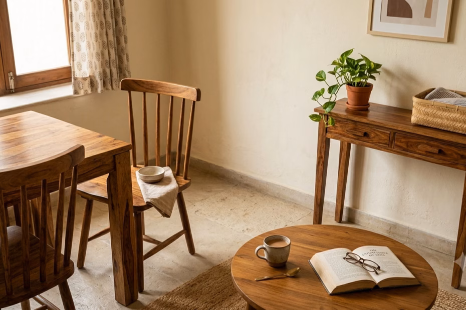 Warm-toned Indian dining table, coffee table, and console table styled together in a home interior