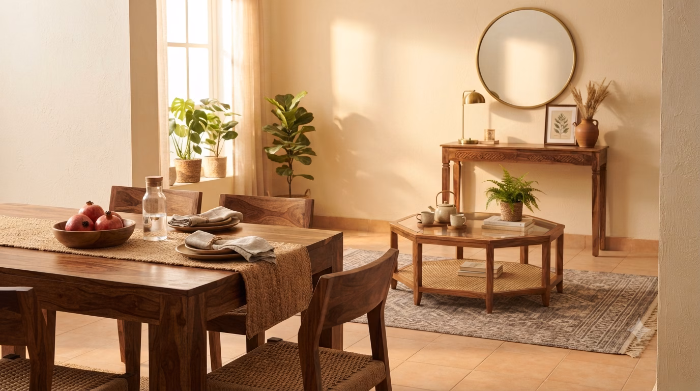 A solid wood dining table, center table, and console table styled together in a warm, naturally lit Indian home interior