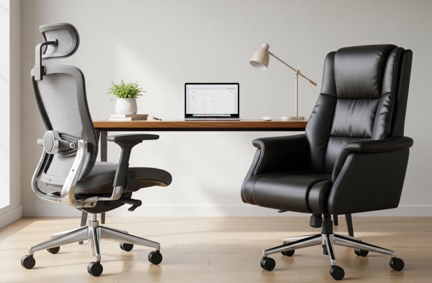 A modern home office setup showcasing the best office chairs for working from home, featuring a grey ergonomic mesh chair and a black leatherette executive chair at a wooden desk with a laptop.