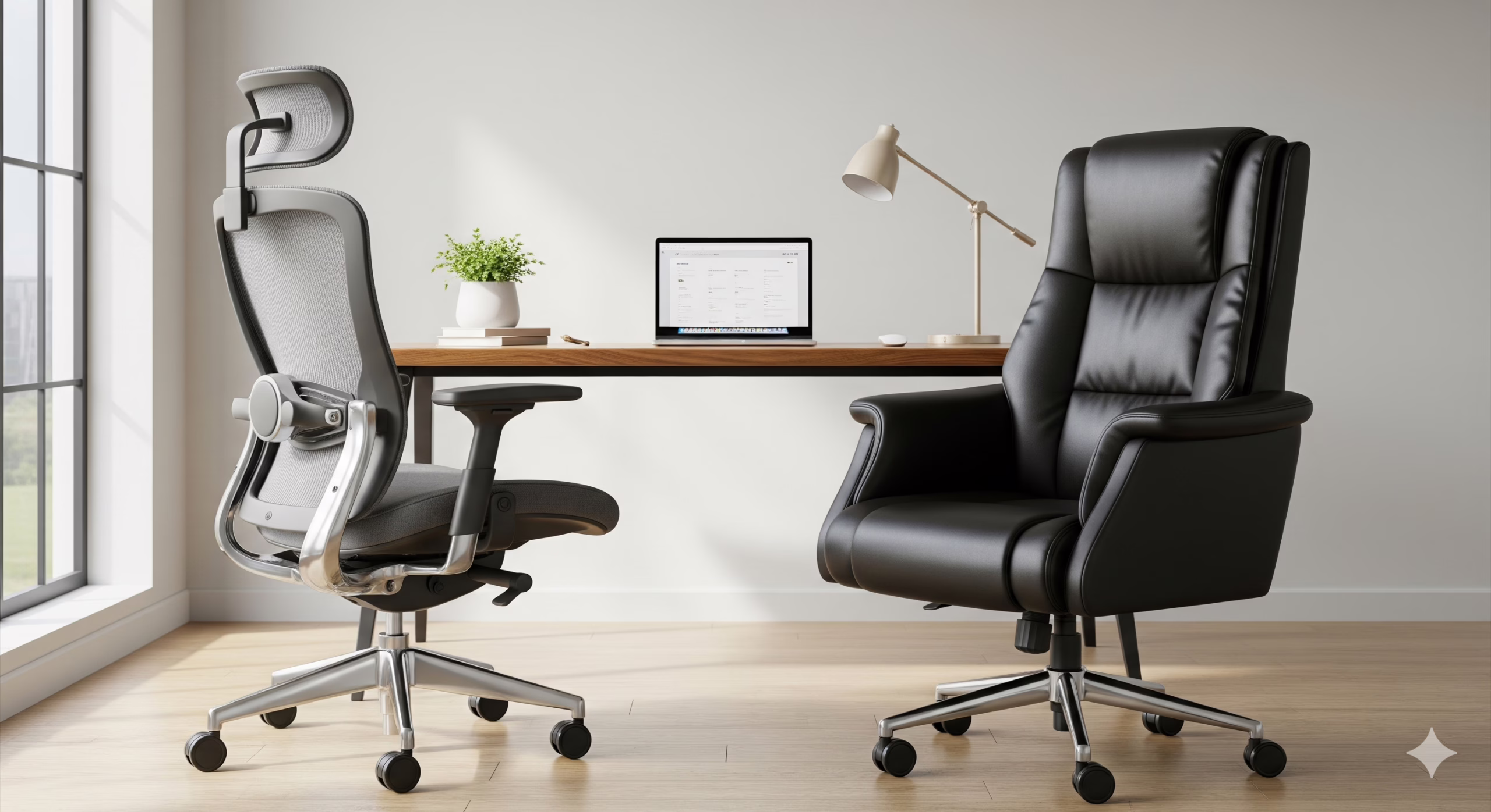 A modern home office setup showcasing the best office chairs for working from home, featuring a grey ergonomic mesh chair and a black leatherette executive chair at a wooden desk with a laptop.