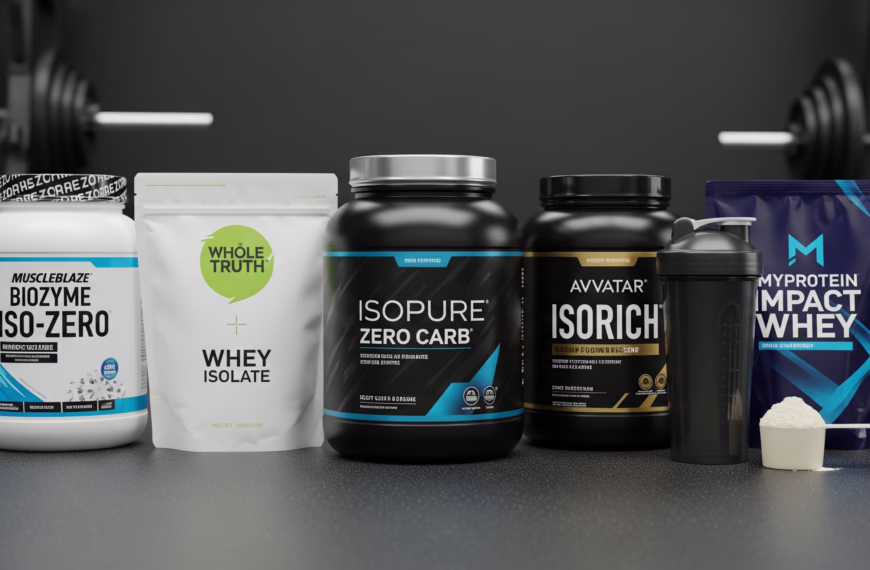 Top 5 clean whey protein isolate brands in India featuring MuscleBlaze, The Whole Truth, Isopure, Avvatar, and MyProtein on a gym background.
