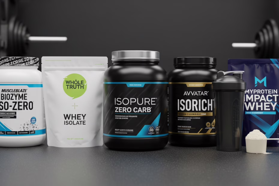 Top 5 clean whey protein isolate brands in India featuring MuscleBlaze, The Whole Truth, Isopure, Avvatar, and MyProtein on a gym background.