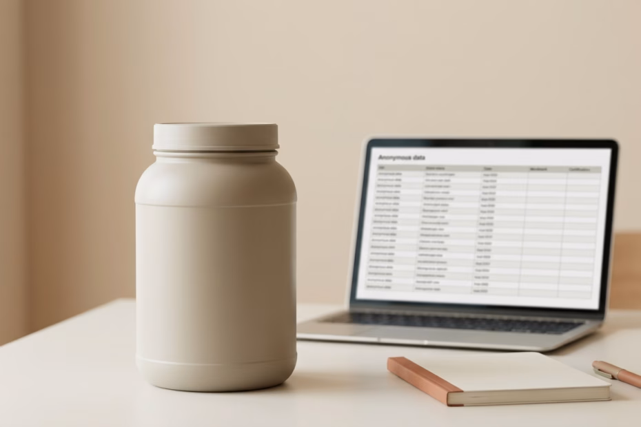 Protein powder tub beside a laptop showing a certification register, illustrating how the best whey protein in India was verified