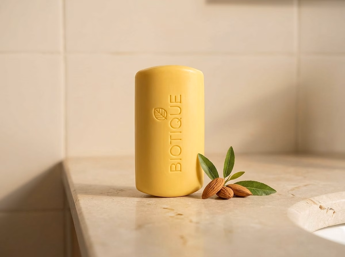 Biotique soap bar photographed on a pale stone surface, featured in a guide to the best chemical free soap in India