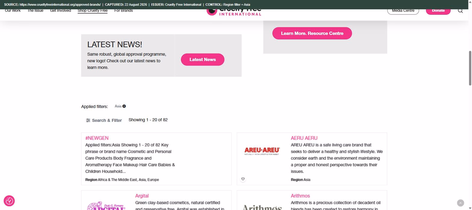 Cruelty Free International's approved-brands directory filtered to the Asia region, returning 82 brands — the control establishing regional coverage of that register.