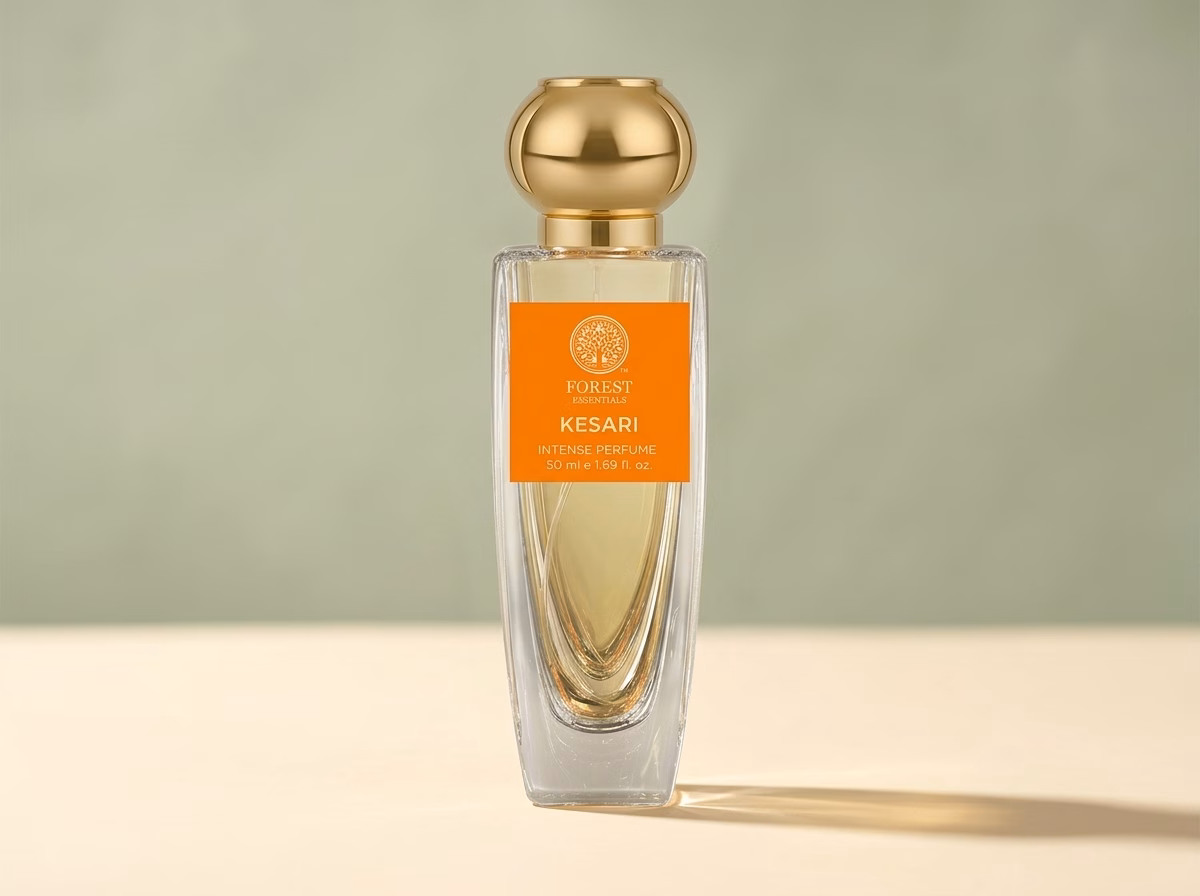 Forest Essentials Intense Perfume Kesari in a 50 ml spray bottle, a Kashmiri saffron, lime and oudh blend