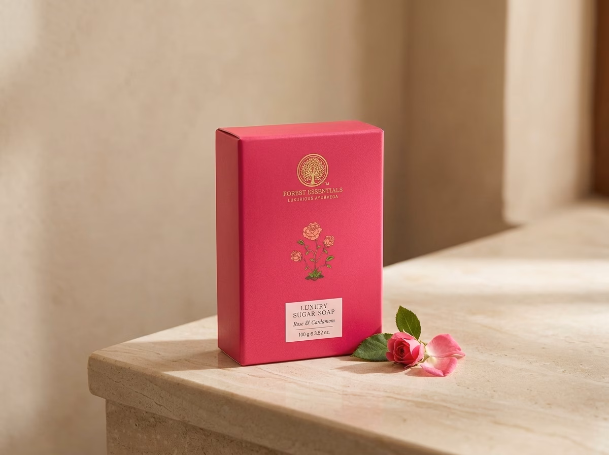 Forest Essentials soap bar photographed on a pale stone surface, featured in a guide to the best chemical free soap in India