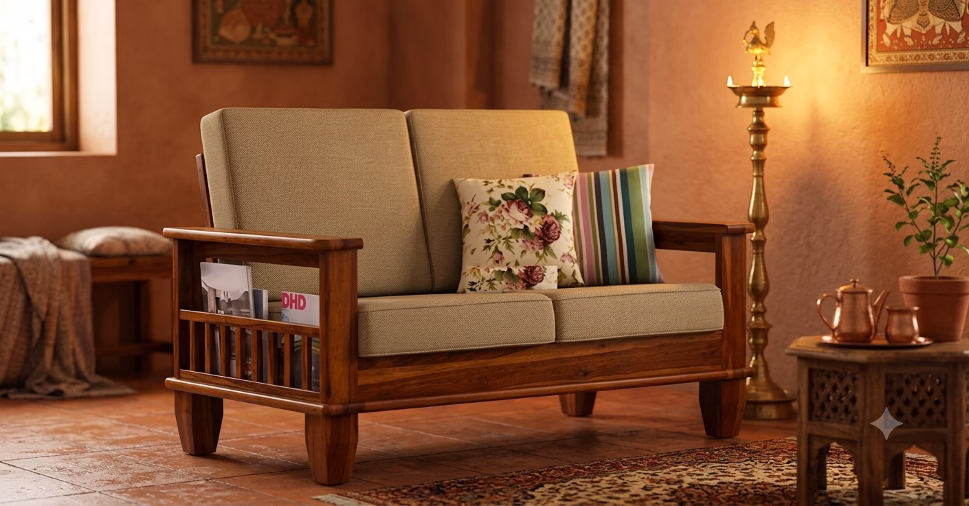Furnisquare solid sheesham wood 2-seater handicraft sofa