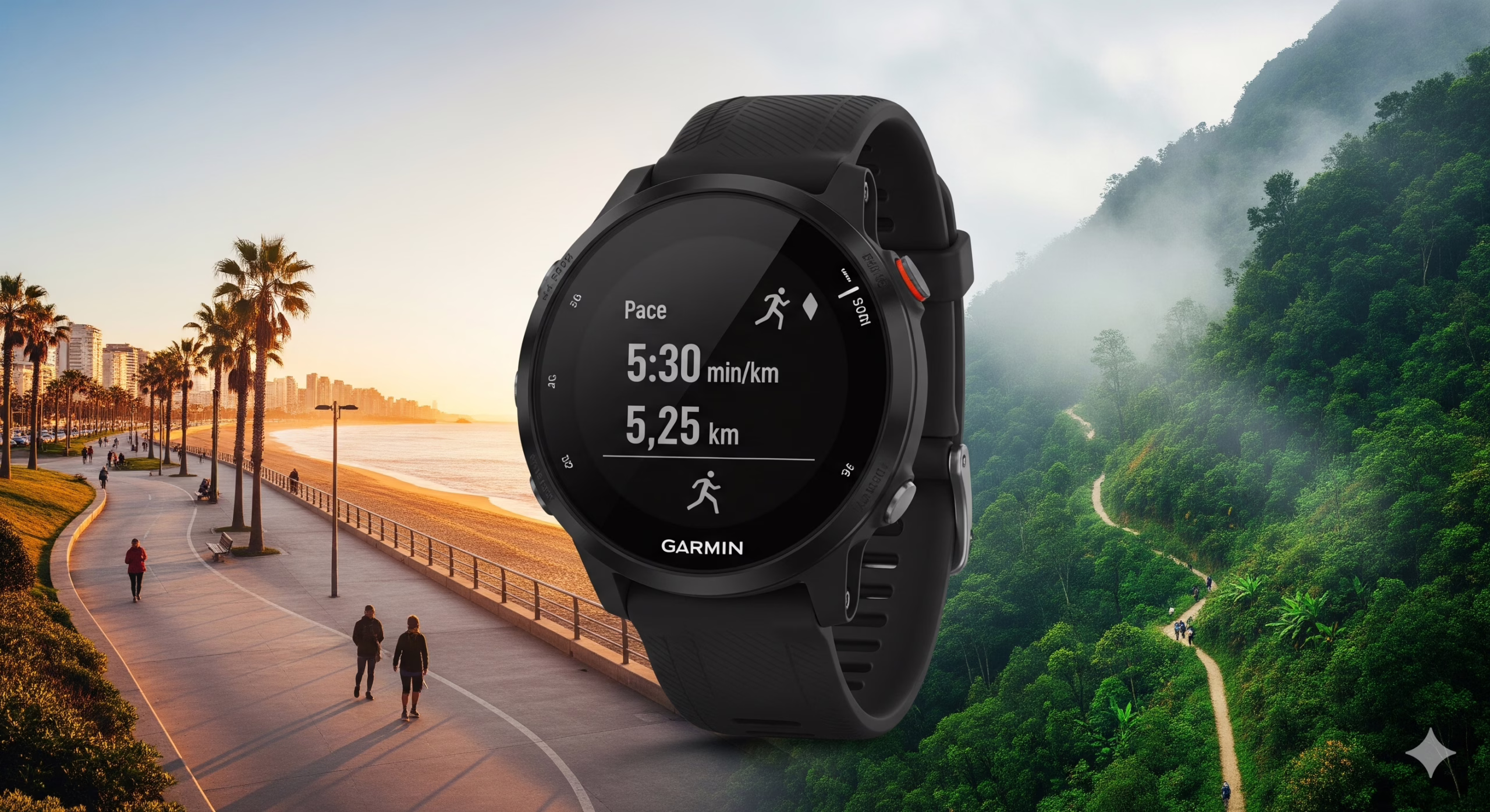 A black Garmin Forerunner 55 GPS watch showing running metrics, set against a split background of an urban seaside promenade and a misty mountain trail for a Garmin Forerunner 55 review.