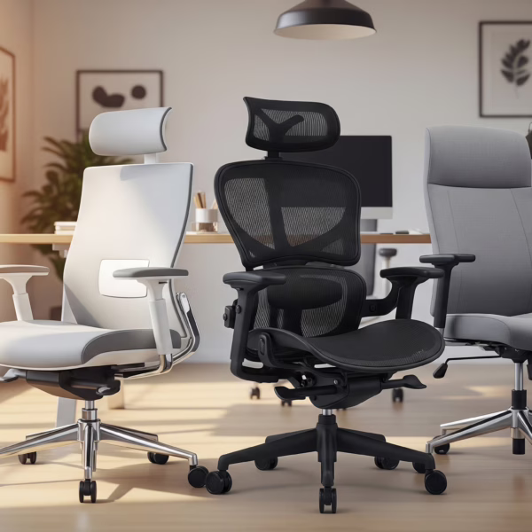 Comparison of Green Soul Zodiac Pro vs. Frido Aeromesh and Featherlite Astro ergonomic chairs in a modern home office.