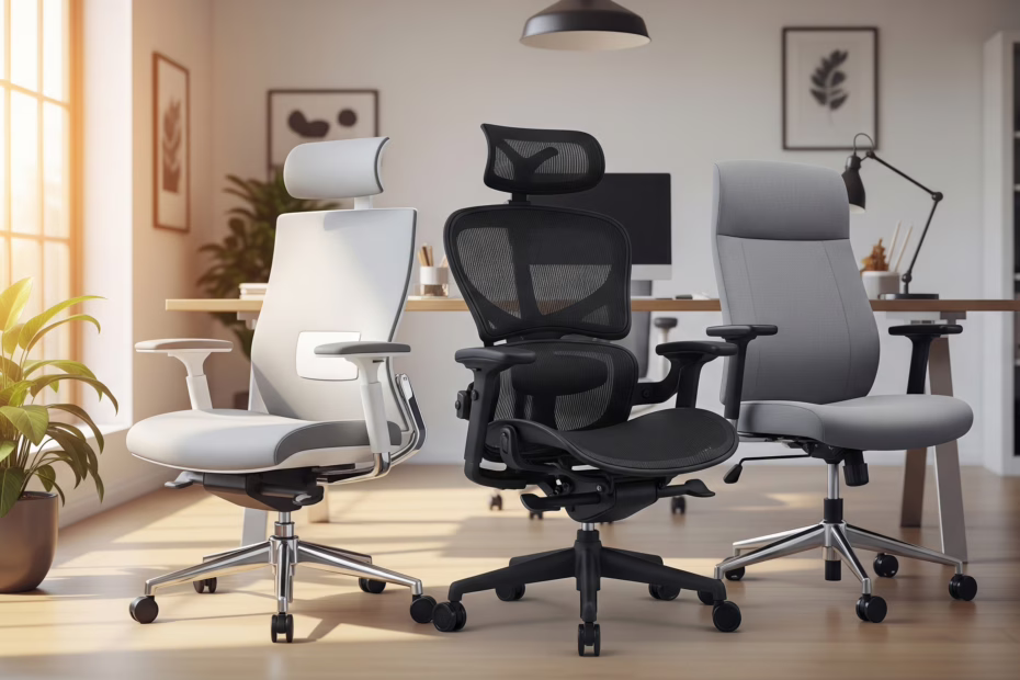 Comparison of Green Soul Zodiac Pro vs. Frido Aeromesh and Featherlite Astro ergonomic chairs in a modern home office.