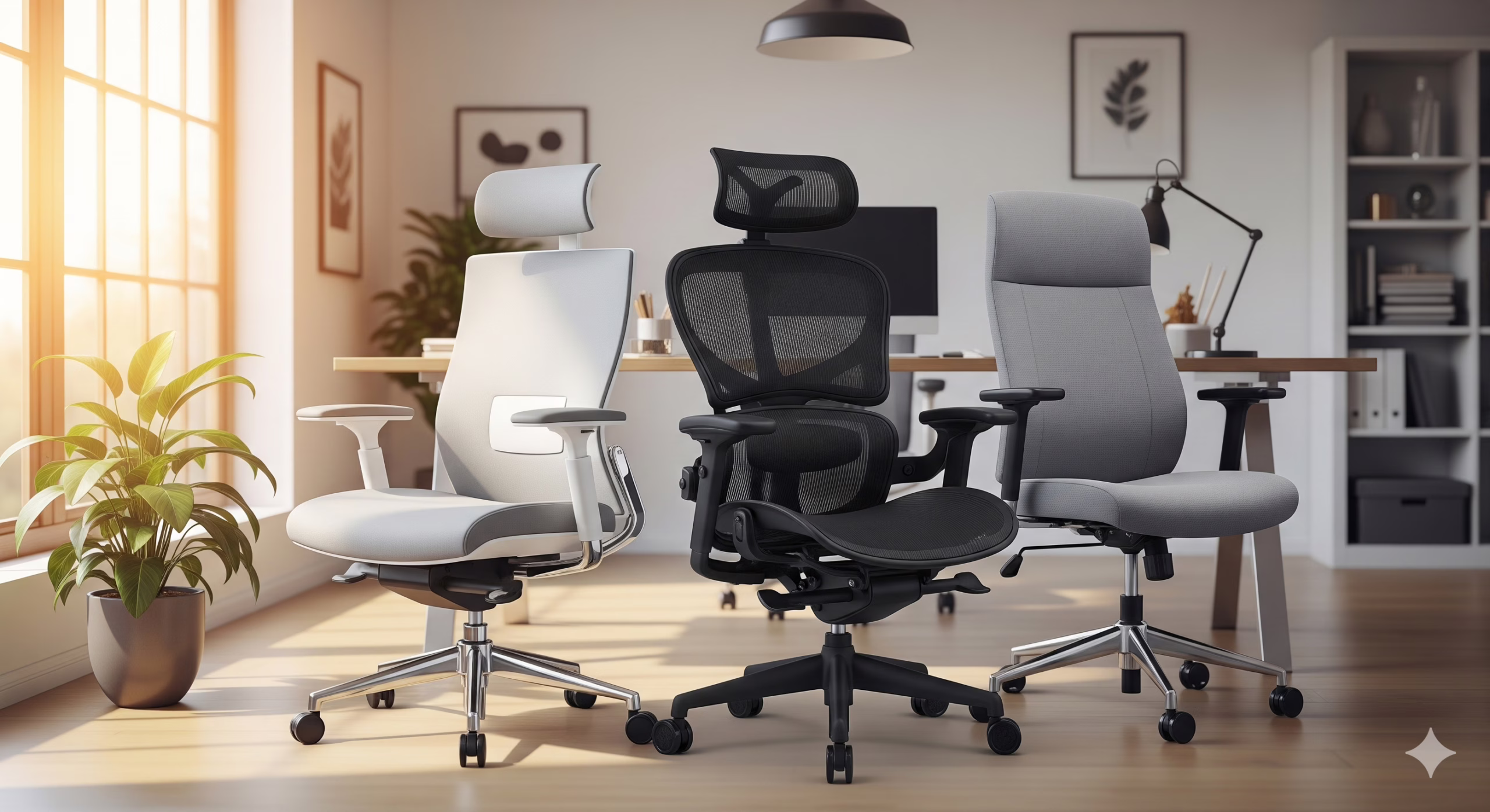 Comparison of Green Soul Zodiac Pro vs. Frido Aeromesh and Featherlite Astro ergonomic chairs in a modern home office.