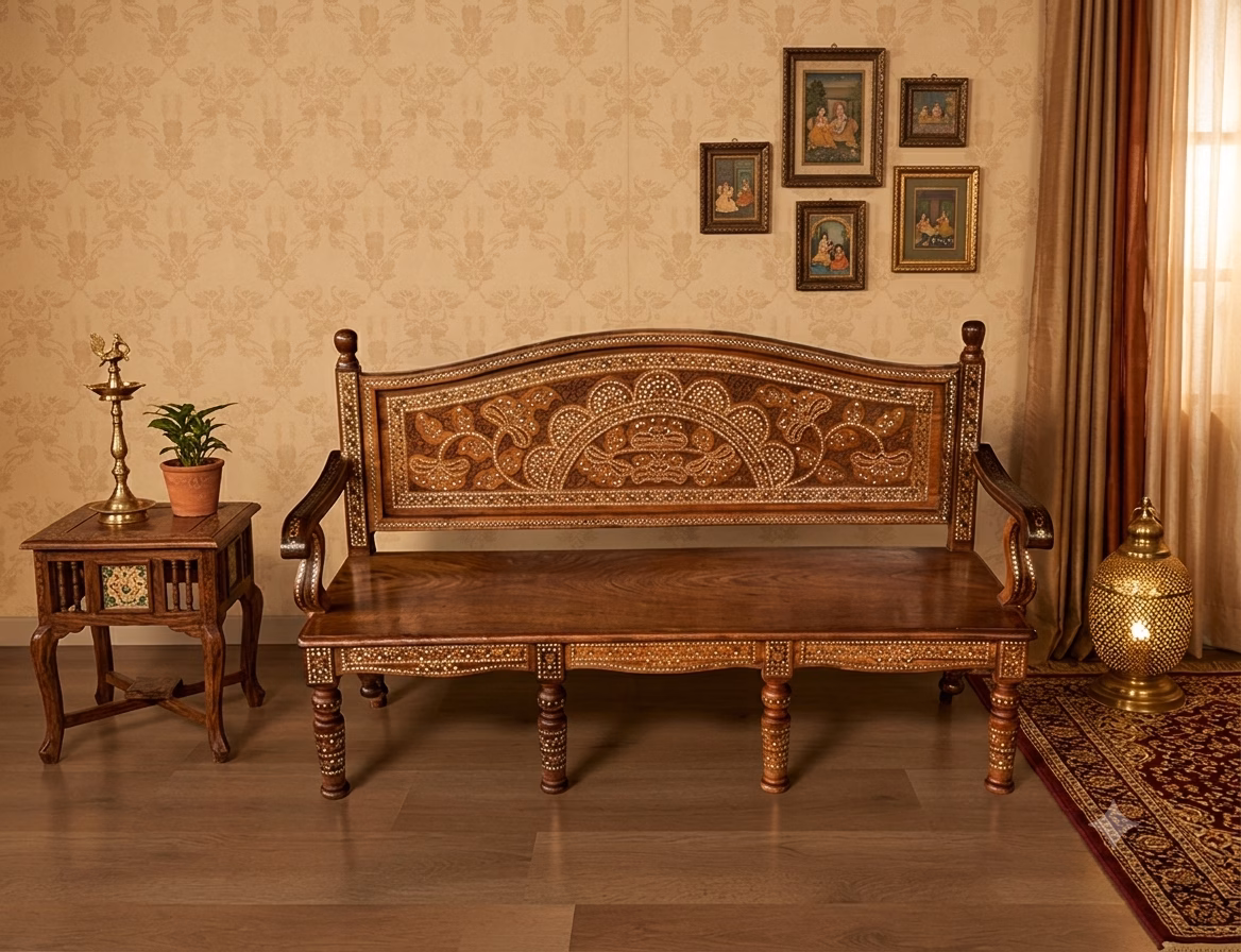 Imperial Wooden Art handcrafted sheesham sofa with brass inlay and carving detail