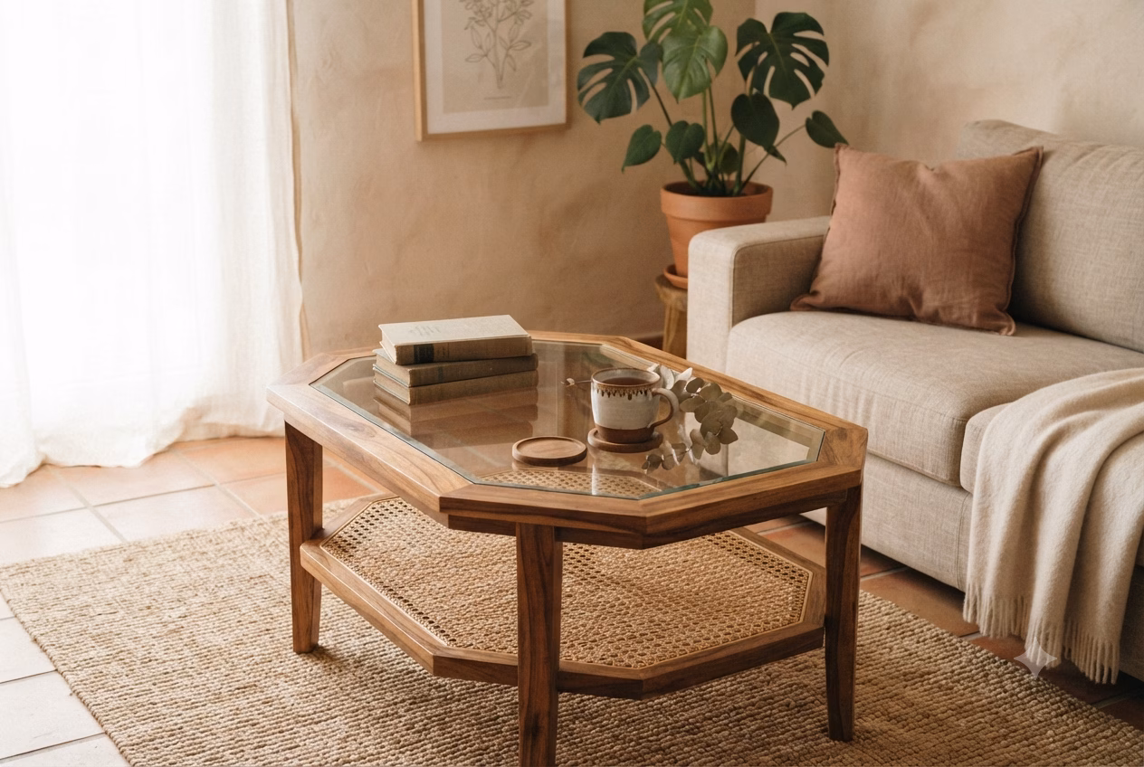A wood-and-cane center table styled in the corner of a warm, naturally lit living room