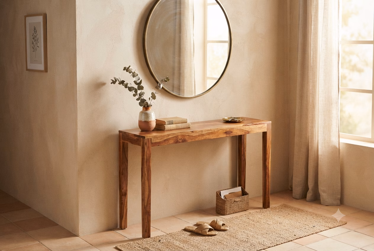 A wooden console table styled in a warm, naturally lit entryway