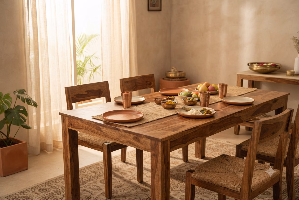 A solid sheesham wood dining table set for a family meal in a warm, naturally lit Indian home