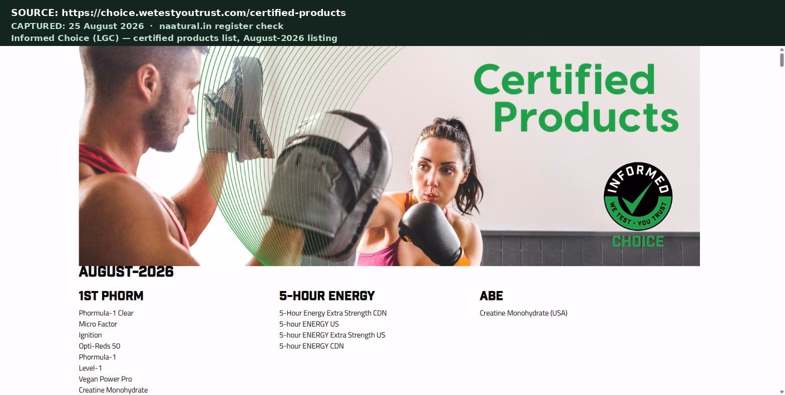 Informed Choice certified products register showing recent August 2026 listings, the control proving the register was live when checked