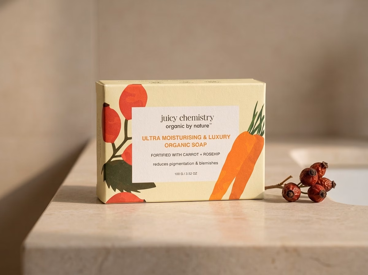 Juicy Chemistry soap bar photographed on a pale stone surface, featured in a guide to the best chemical free soap in India