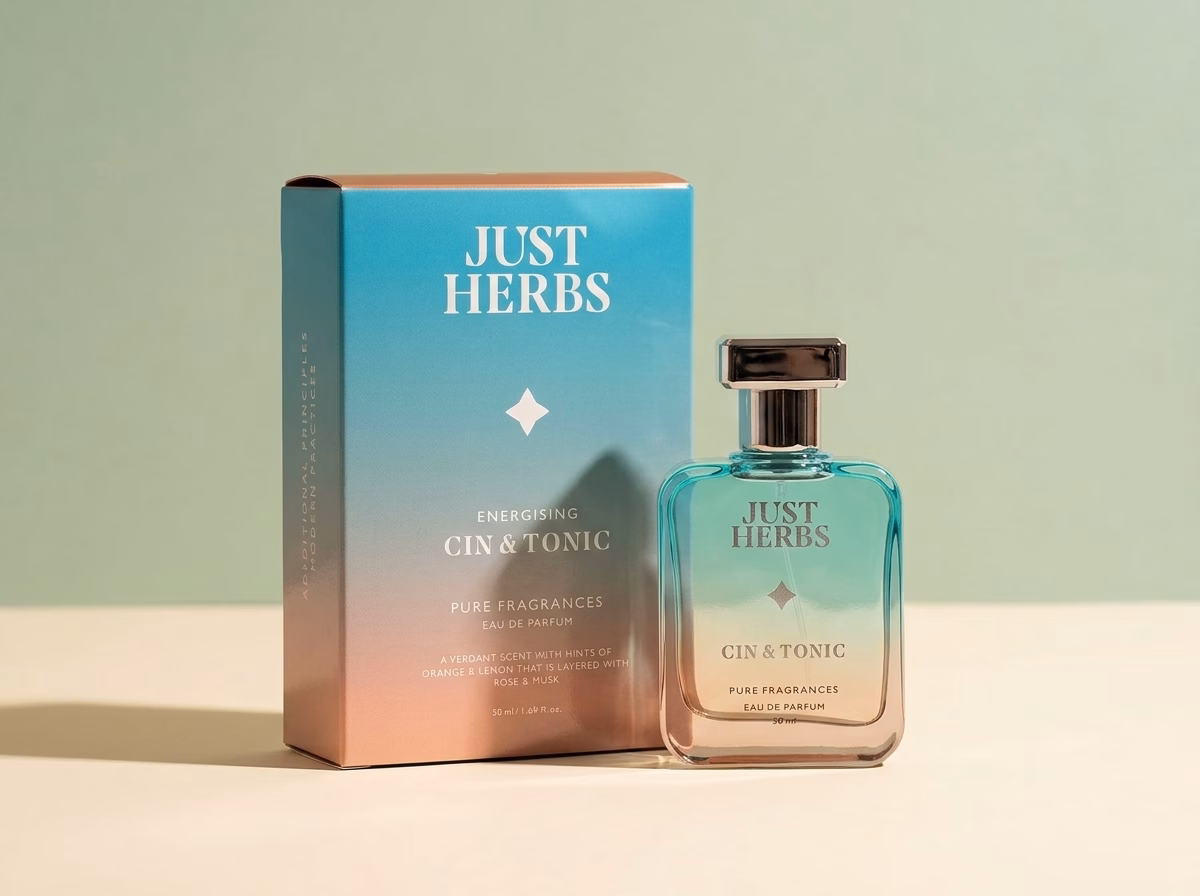 Just Herbs Cin and Tonic eau de parfum in a 50 ml spray bottle, a citrus-forward clean perfume made with grain-derived alcohol