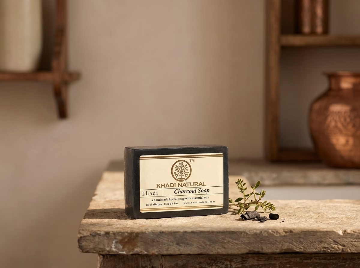 Khadi Natural soap bar photographed on a pale stone surface, featured in a guide to the best chemical free soap in India