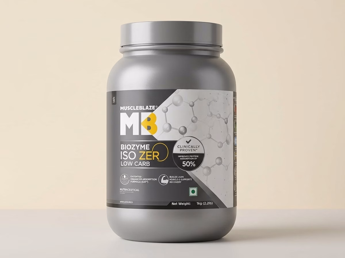 MuscleBlaze Biozyme Iso-Zero whey protein isolate, 1 kg unflavoured tub, reviewed in Naatural.in's guide to the best whey protein in India
