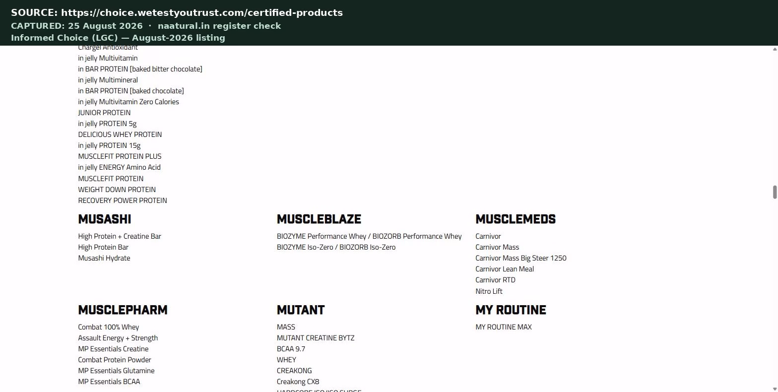 Informed Choice register entry confirming MuscleBlaze Biozyme Iso-Zero is listed by name