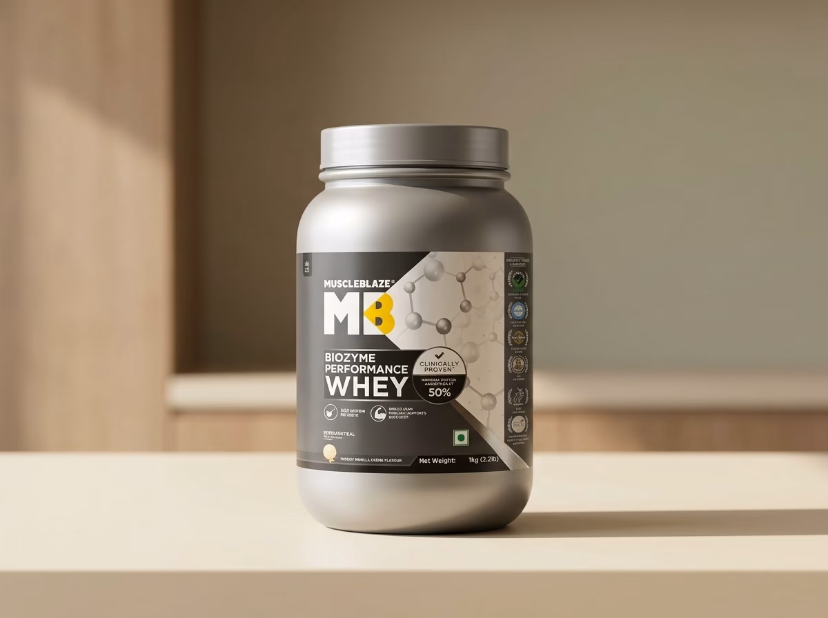 MuscleBlaze Biozyme Performance Whey, 1 kg tub on a kitchen counter