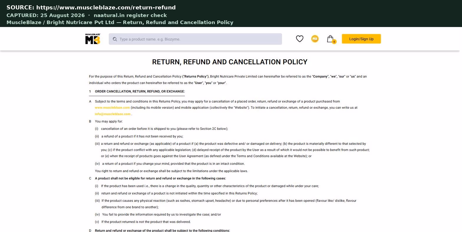 MuscleBlaze published return policy showing an opened pack can only be returned on the day of delivery