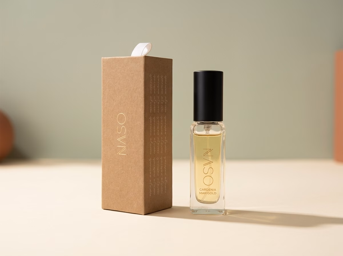 NASO Gardenia Marigold attar-based perfume in a 20 ml bottle, an Indian floral fragrance built on marigold and gardenia