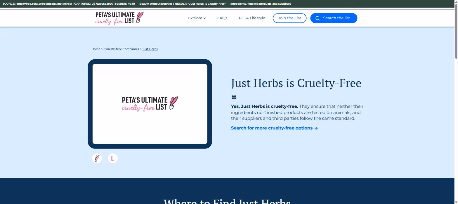PETA Beauty Without Bunnies company page for Just Herbs, headed "Just Herbs is Cruelty-Free", stating that neither ingredients nor finished products are tested on animals and that suppliers and third parties follow the same standard.