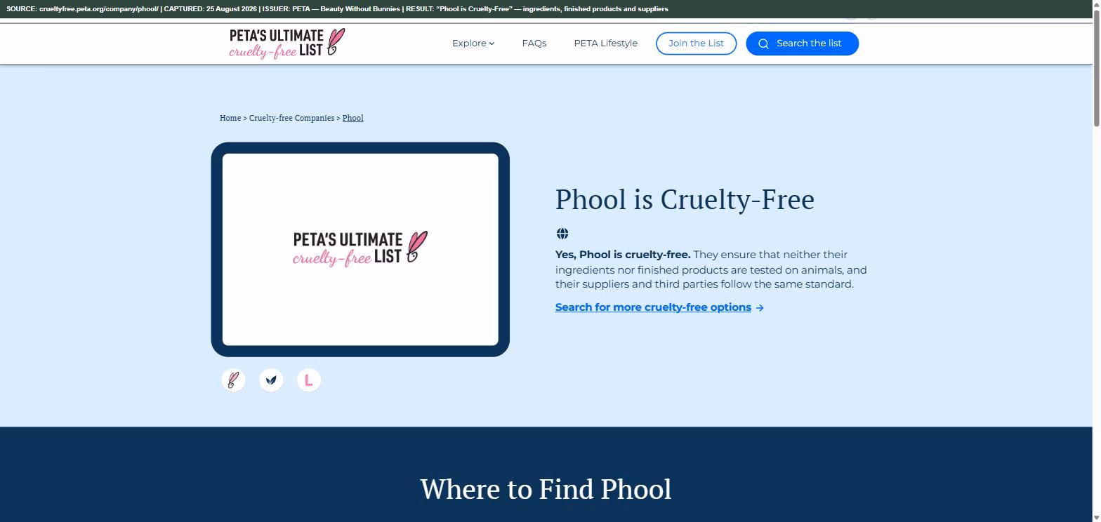 PETA Beauty Without Bunnies company page for Phool, headed "Phool is Cruelty-Free", stating that neither ingredients nor finished products are tested on animals and that suppliers and third parties follow the same standard.