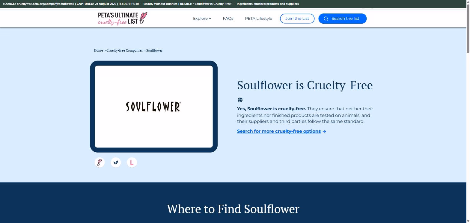 PETA Beauty Without Bunnies company page for Soulflower, headed "Soulflower is Cruelty-Free", stating that neither ingredients nor finished products are tested on animals and that suppliers and third parties follow the same standard.