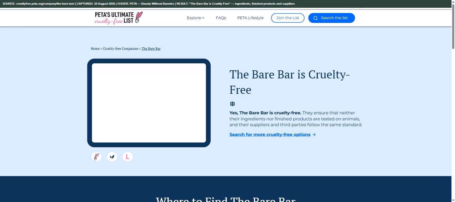 PETA Beauty Without Bunnies company page for The Bare Bar, headed "The Bare Bar is Cruelty-Free", stating that neither ingredients nor finished products are tested on animals and that suppliers and third parties follow the same standard.