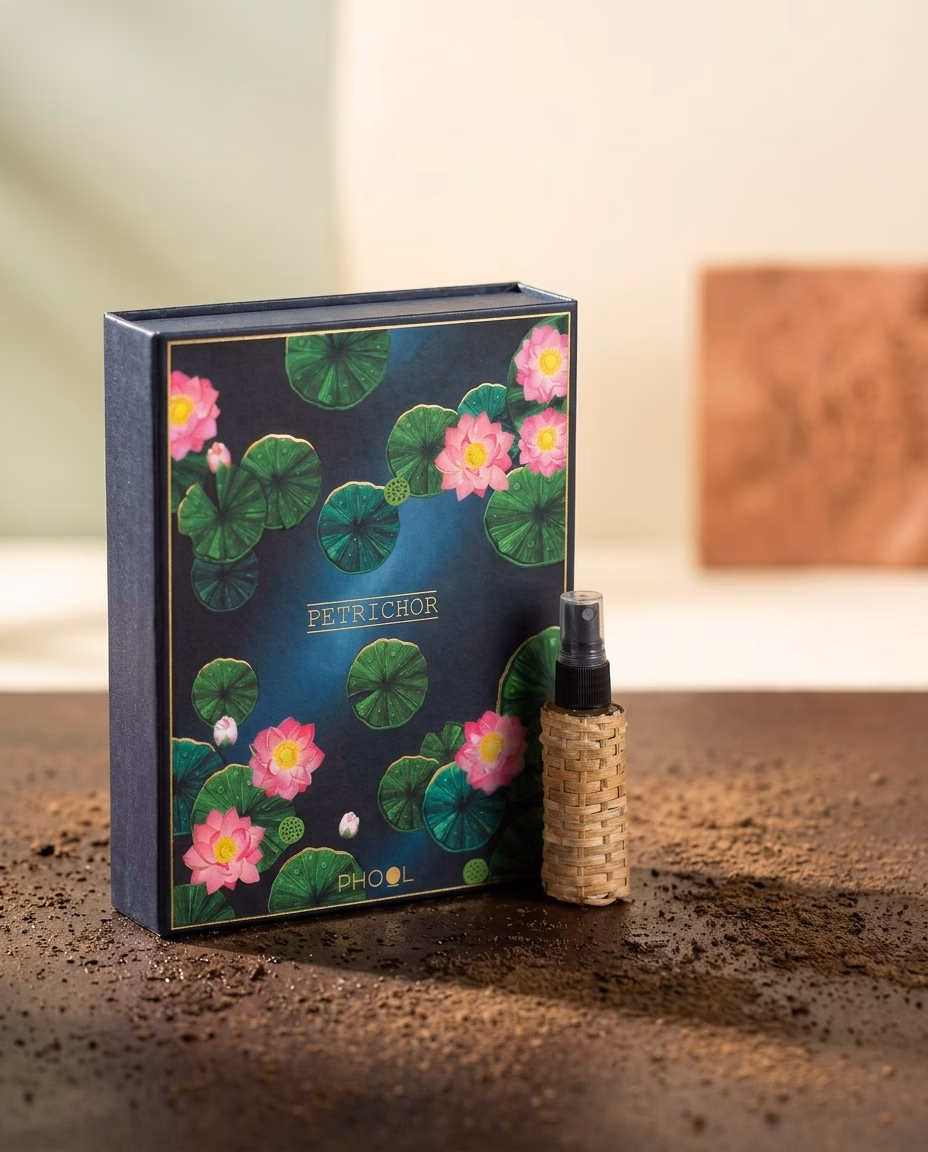 Phool Petrichor mitti attar in a 10 ml spray bottle, an alcohol-free natural perfume distilled in Kannauj