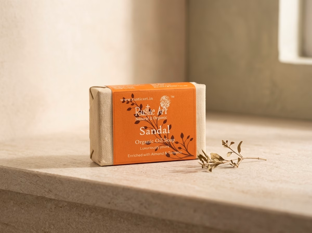 Rustic Art soap bar photographed on a pale stone surface, featured in a guide to the best chemical free soap in India