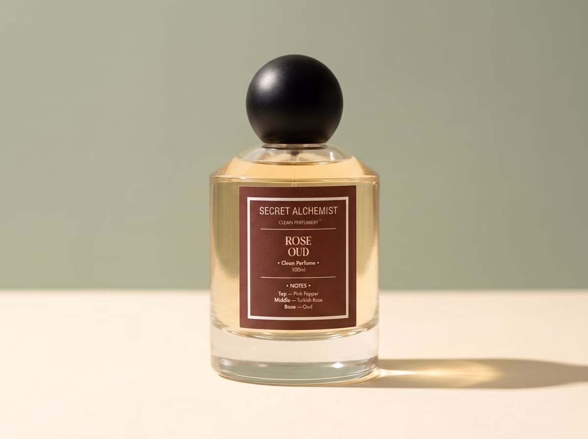 Secret Alchemist Rose Oud eau de parfum in a 100 ml spray bottle, a clean floral woody perfume with pink pepper, Turkish rose and oud