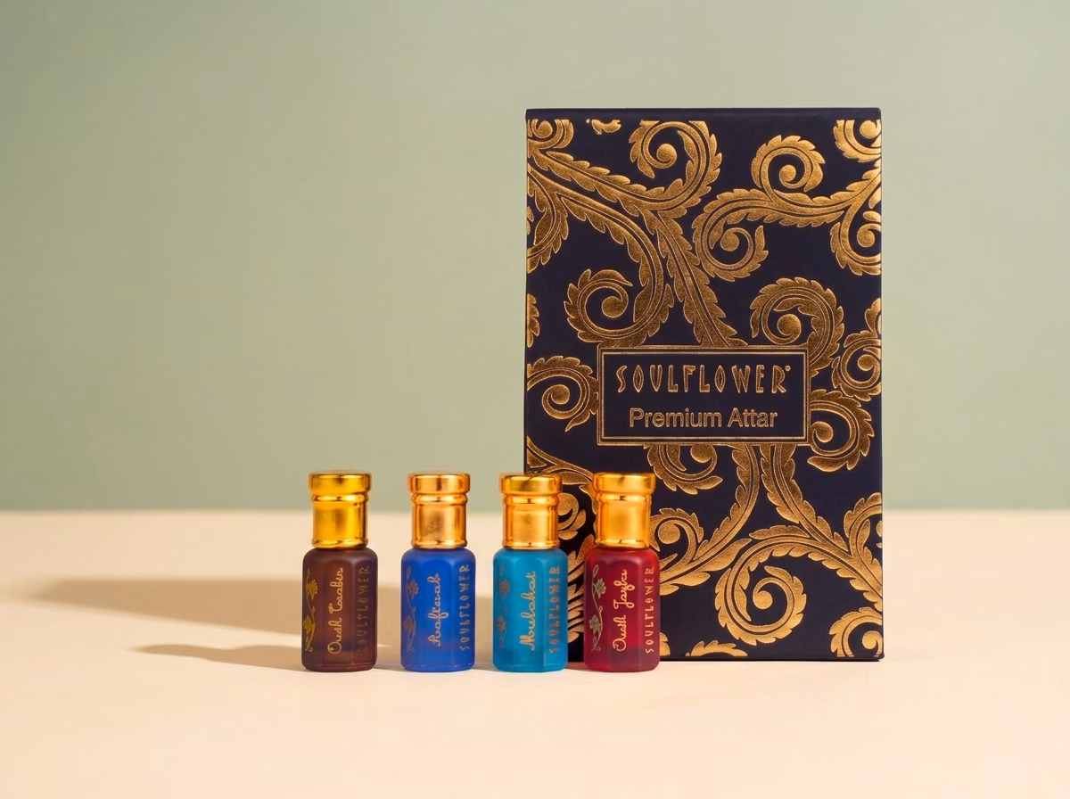 Soulflower Premium Attar Set, four 5 ml alcohol-free roll-on attar bottles — Aaftaab, Mulakat, Oudh Jazba and Oudh Tabir