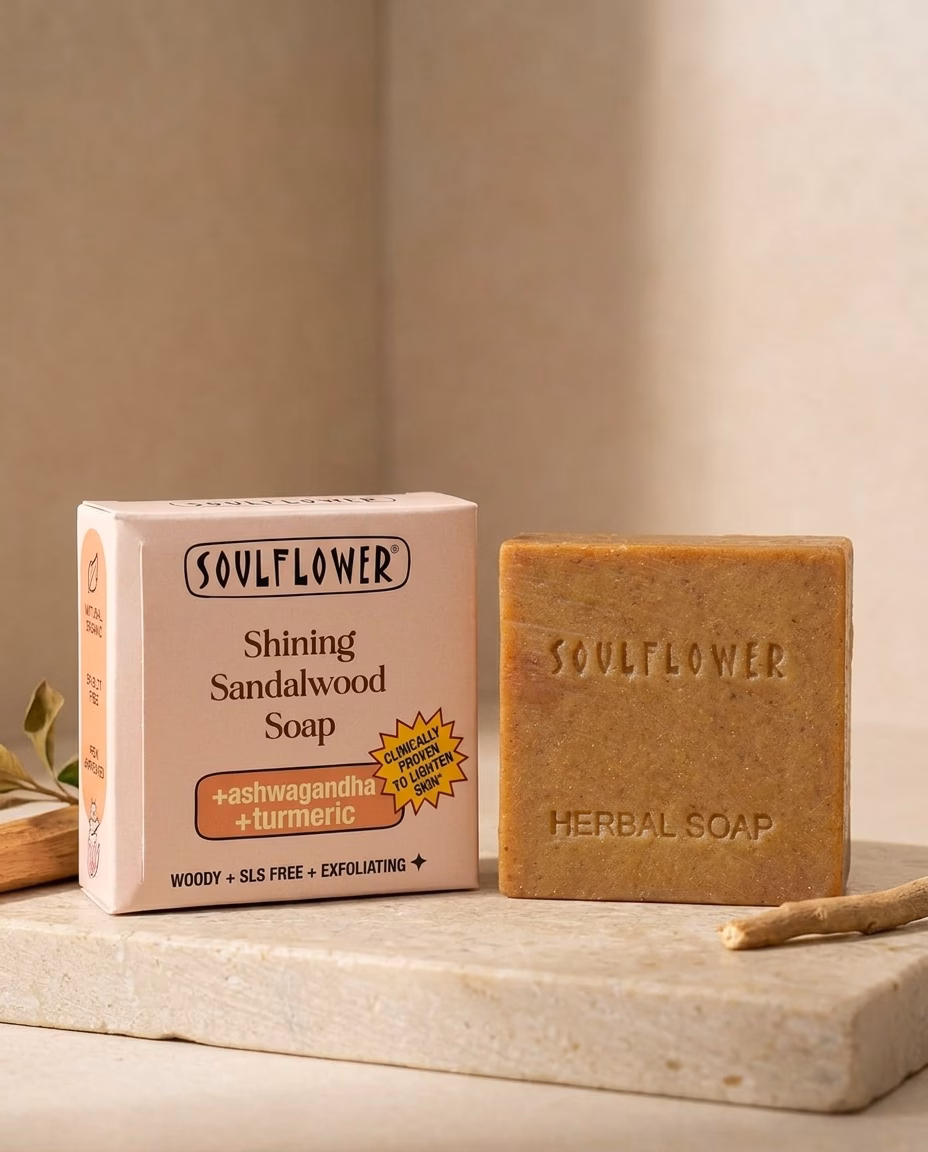 Soulflower natural soap bar photographed on a pale stone surface, featured in a guide to the best chemical free soap in India